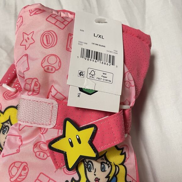 Official Nintendo Princess Peach Girls Ski Snowboard Gloves L/XL Thicken Mitten - Picture 3 of 8